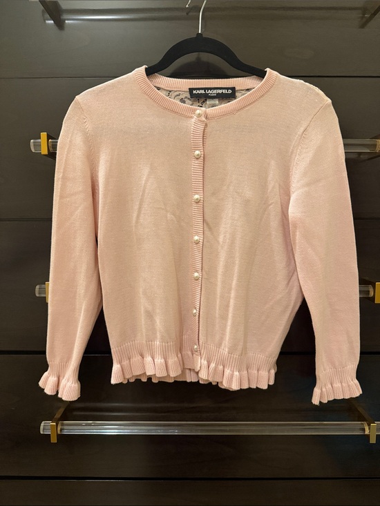 Karl Lagerfeld Sweaters - Karl Lagerfeld Light Pink Pearl-Button Ruffle Cardigan